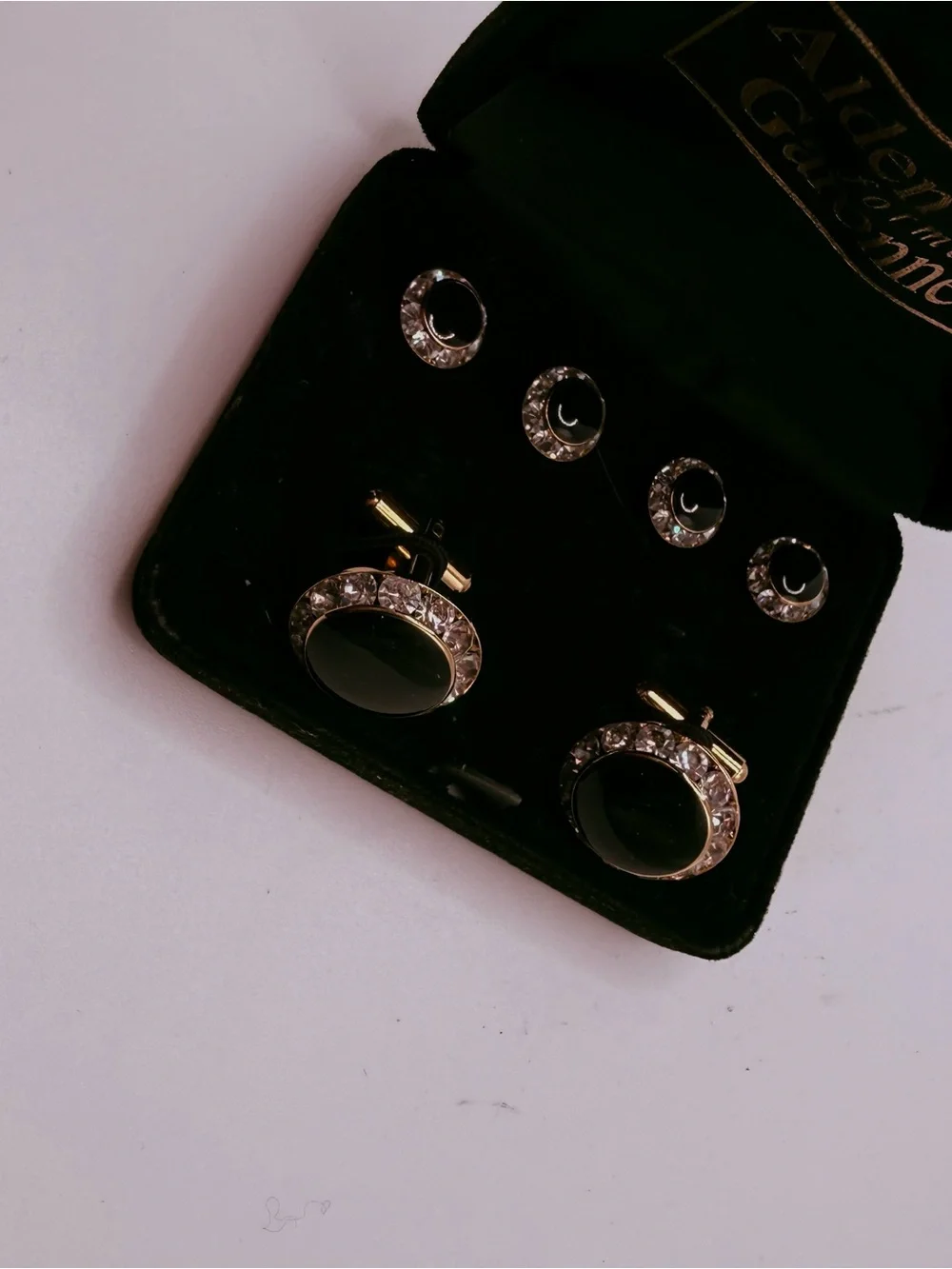 Black Onyx and Crystal Cufflink Set with Matching Studs